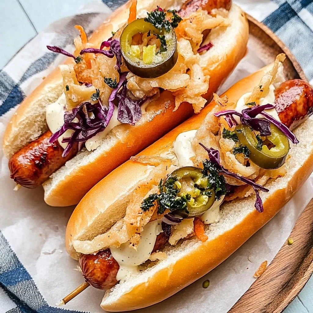 Bayern-Hotdog mit Rotkohl und Bratwurst