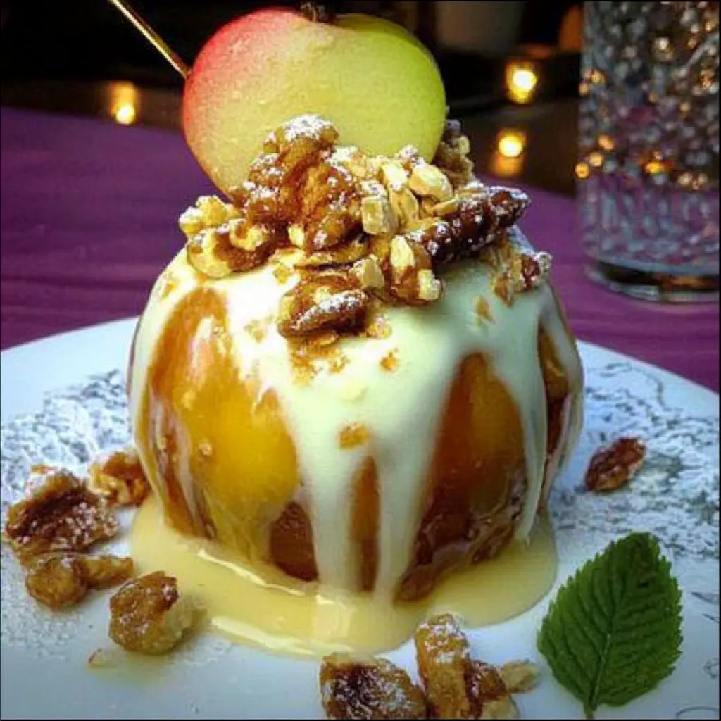 Apfel gefüllt mit Eis und karamellisierten Walnüssen