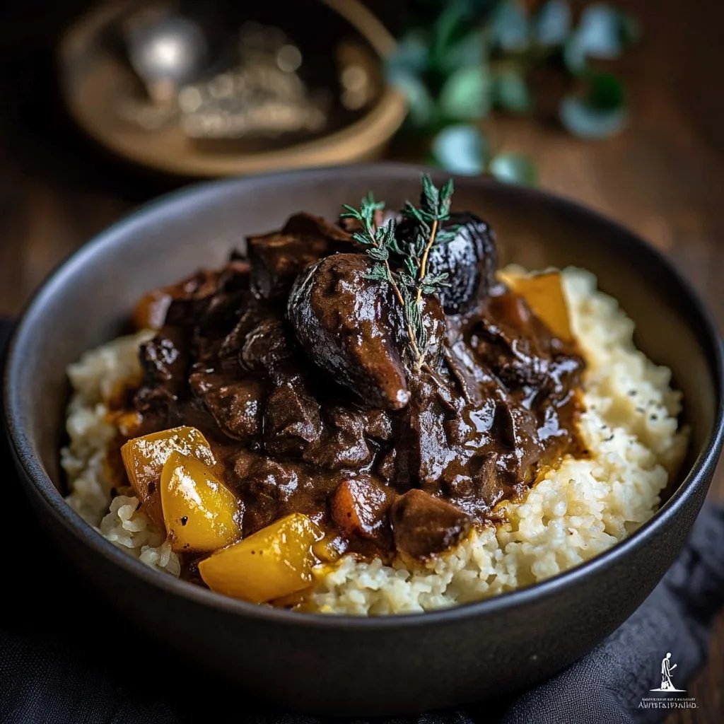 Langsam gegartes mariniertes Rindfleisch mit Soße